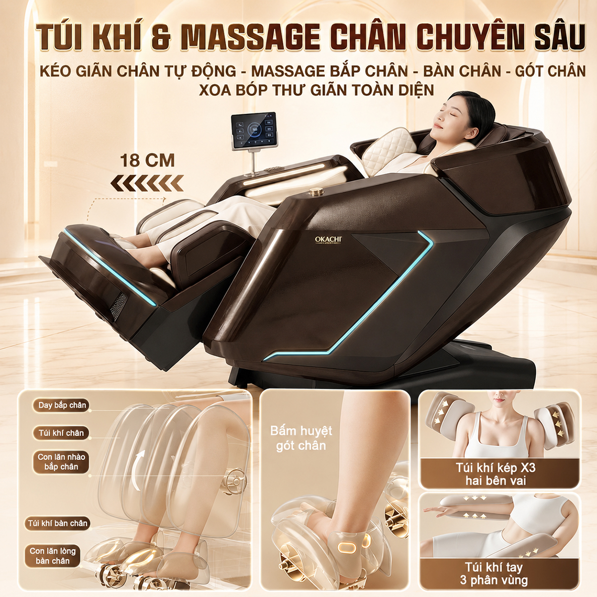 Ghế massage 5D DUAL CORE MASTER OKACHI JP-9986 (Nâu)